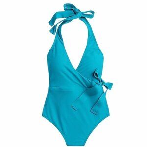 J. Crew Halter Wrap One-piece Swimsuit Havana Blue NWT